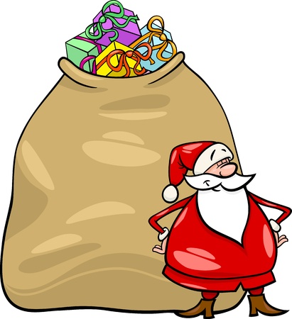 Cartoon Illustration of Funny Santa Claus or Papa Noel with Huge Sack Full of Christmas Presentsのイラスト素材