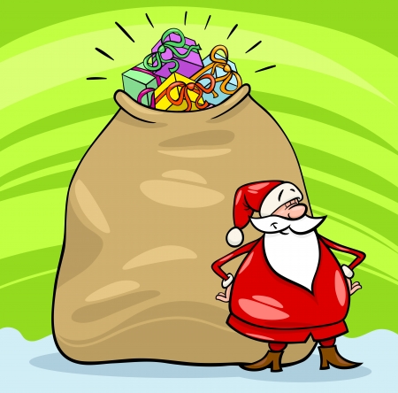 Cartoon Illustration of Funny Santa Claus or Papa Noel with Huge Sack Full of Christmas Presentsのイラスト素材