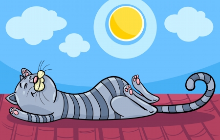 Cartoon Illustration of Funny Tabby Cat Sleeping on the Roof in the Sunのイラスト素材