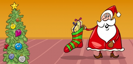 Greeting Card Cartoon Illustration of Santa Claus or Papa Noel with Sock full of Presents and Christmas Treeのイラスト素材