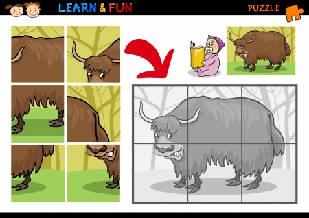 Cartoon Illustration of Education Puzzle Game for Preschool Children with Funny Yak Bull Animalのイラスト素材