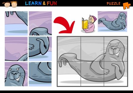 Cartoon Illustration of Education Puzzle Game for Preschool Children with Funny Seal Animalのイラスト素材