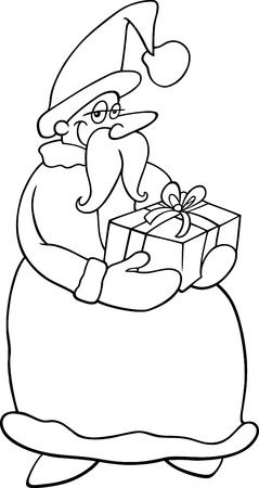Cartoon Illustration of Funny Santa Claus or Papa Noel with Christmas Present for Coloring Book or Pageのイラスト素材