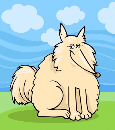 Cartoon Illustration of Funny Purebred Eskimo Dog or Spitz against Blue Sky and Green Grassのイラスト素材