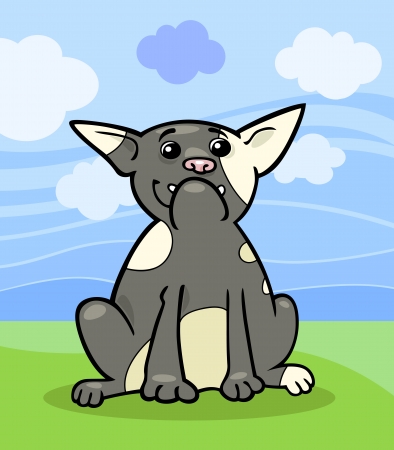 Cartoon Illustration of Funny Purebred French Bulldog Dog against Blue Sky and Green Grassのイラスト素材