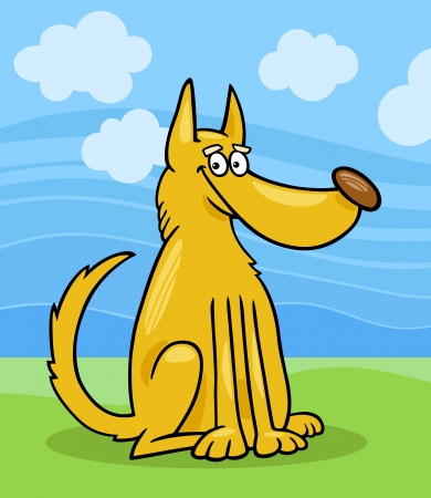 Cartoon Illustration of Funny Mongrel Dog against Blue Sky and Green Grassのイラスト素材