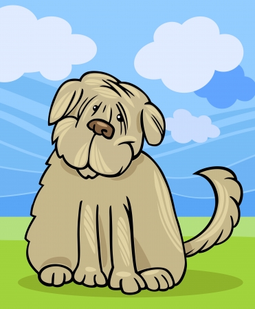 Cartoon Illustration of Funny Purebred Tibetan Terrier Dog or Labrador Doodle or Briard against Blue Sky and Green Grassのイラスト素材