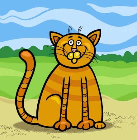 Cartoon Illustration of Happy Red Tabby Cat against Blue Sky and Fieldsのイラスト素材
