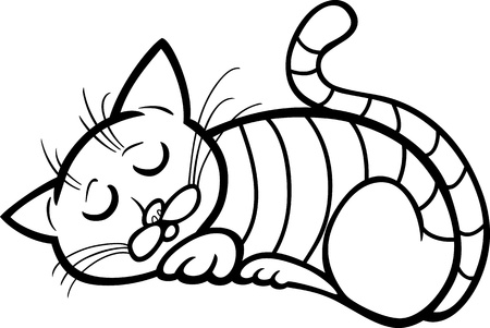 Cartoon Illustration of Sleeping Tabby Cat for Coloring Bookのイラスト素材