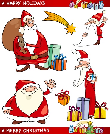 Cartoon Illustration of Santa Claus or Papa Noel, Presents, Star and other Christmas Themes setのイラスト素材