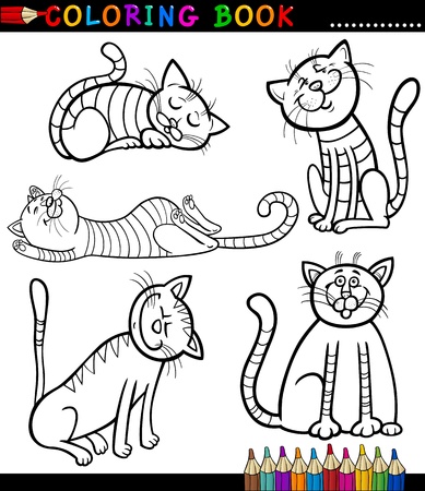Coloring Book or Page Cartoon Illustration of Funny Cats or Kittens for Childrenのイラスト素材