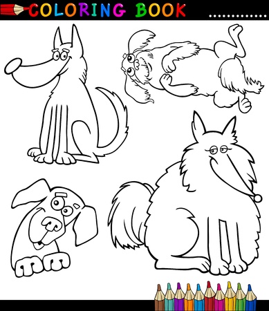 Coloring Book or Page Cartoon Illustration of Funny Dogs or Puppies for Childrenのイラスト素材