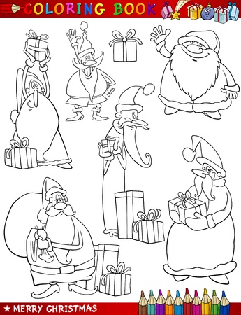 Coloring Book or Page Cartoon Illustration of Christmas Themes Set with Santa Claus or Papa Noel and Xmas Presents and Decorations for Childrenのイラスト素材