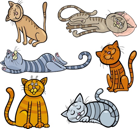 Cartoon Illustration of Happy and Sleepy Cats or Kittens Setのイラスト素材