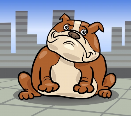 Cartoon Illustration of Funny Purebred English Bulldog Dog against Urban City Sceneのイラスト素材