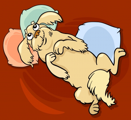 Cartoon Illustration of Happy Fluffy Dog or Pekingese on Bedのイラスト素材