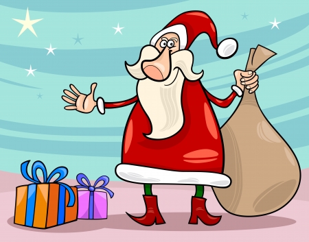 Cartoon Illustration of Funny Santa Claus or Papa Noel with Christmas Presents and Sack of Giftsのイラスト素材