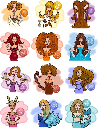 Cartoon Illustration of Horoscope Zodiac Signs with Beautiful Womenのイラスト素材