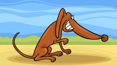 Cartoon Illustration of Funny Smiling Mongrel Dog against Rural Landscapeのイラスト素材