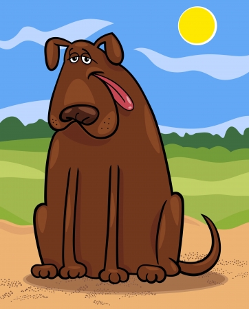 Cartoon Illustration of Funny Big Brown Dog against Rural Sceneのイラスト素材