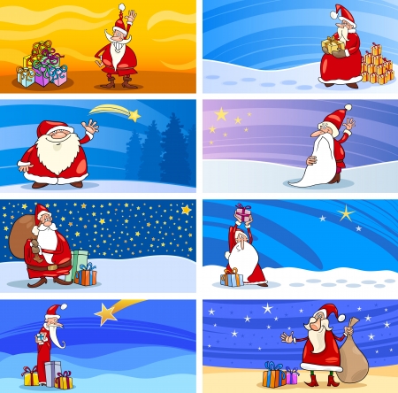 Cartoon Illustration of Greeting Cards with Santa Claus or Papa Noel or Father Christmas and other Holiday Themes Setのイラスト素材