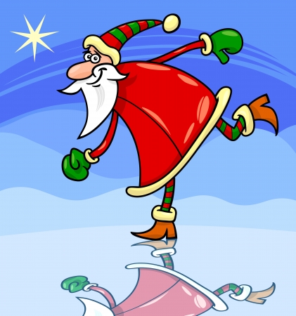 Cartoon Illustration of Funny Running or Sliding Santa Claus or Papa Noel or Father Christmasのイラスト素材