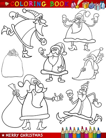 Coloring Book or Page Cartoon Illustration of Christmas Themes Set with Santa Claus or Papa Noel and Xmas Presents and Decorations for Childrenのイラスト素材