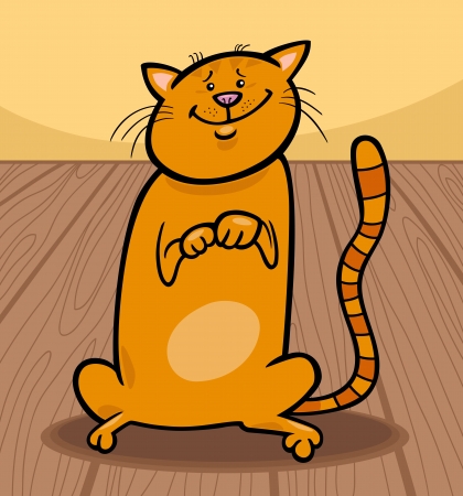 Cartoon Illustration of Cute Red Cat Sitting on the Wooden Floorのイラスト素材