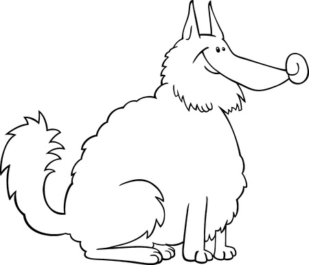 Black and White Cartoon Illustration of Shaggy Purebred Eskimo Dog or Spitz or Sheepdog for Coloring Book or Coloring Pageのイラスト素材