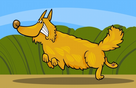 Cartoon Illustration of Funny Running Shaggy Dog against Rural Sceneのイラスト素材
