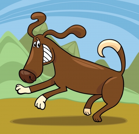 Cartoon Illustration of Funny Running Playful Dog against Rural Sceneのイラスト素材