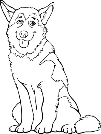 Black and White Cartoon Illustration of Funny Siberian Husky or Alaskan Malamute Dog for Coloring Bookのイラスト素材