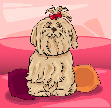 Cartoon Illustration of Cute Maltese Dog with Bow on the Sofa with Pillowsのイラスト素材