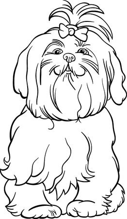 Black and White Cartoon Illustration of Cute Maltese Dog with Bow for Coloring Bookのイラスト素材