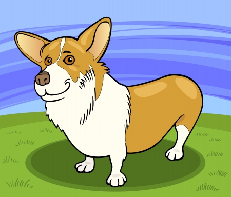 Cartoon Illustration of Funny Pembroke Welsh Corgi Dog against Blue Sky and Green Grassのイラスト素材