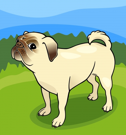 Cartoon Illustration of Cute Pug Dog against Blue Sky and Green Grassのイラスト素材
