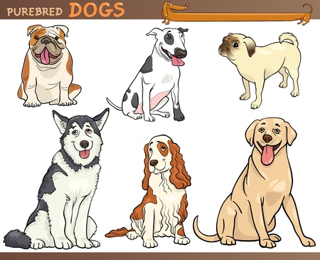 Cartoon Comic Illustration of Canine Breeds or Purebred Dogs Setのイラスト素材