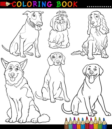 Coloring Book or Coloring Page Black and White Cartoon Illustration of Funny Purebred Dogs or Puppiesのイラスト素材