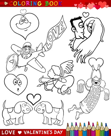 Valentines Day and Love Themes Collection Set of Black and White Cartoon Illustrations for Coloring Bookのイラスト素材