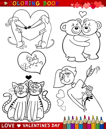 Valentines Day and Love Themes Collection Set of Black and White Cartoon Illustrations for Coloring Bookのイラスト素材