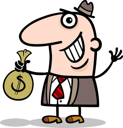 Cartoon Illustration of Happy Man or Businessman with Bag of Money in Cashのイラスト素材