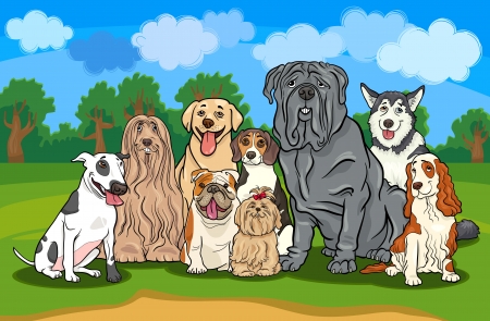 Cartoon Illustration of Funny Purebred Dogs or Puppies Group against Rural Landscape with Blue Skyのイラスト素材