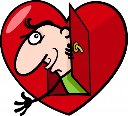 Cartoon St Valentines Illustration of Funny Man in Love in Big Heart or Valentine Cardのイラスト素材