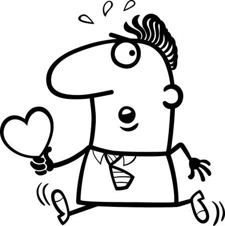 Black and White Cartoon St Valentines Illustration of Late Running Man in Love with Heart or Valentine Cardのイラスト素材