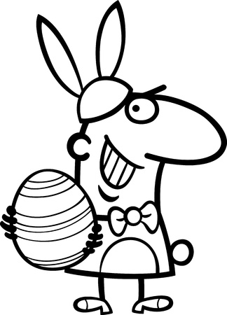 Black and White Cartoon Illustration of Funny Man in Easter Bunny Costume with Easter Egg in his Hands for Coloring Bookのイラスト素材