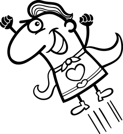 Black and White Cartoon Illustration of Funny Flying Man in Superhero Costume with Heart Sign for Valentines Dayのイラスト素材