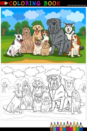 Cartoon Illustration of Funny Purebred Dogs like Bull Terrier, Collie, Bulldog, Maltese, Beagle, Spaniel and Husky for Coloring Book or Coloring Pageのイラスト素材