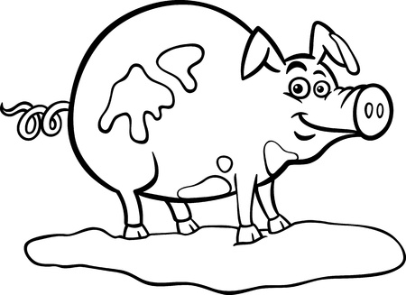 Black and White Cartoon Illustration of Funny Pig Farm Animal in Mud for Coloring Bookのイラスト素材