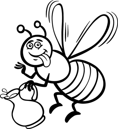 Black and White Cartoon Illustration of Funny Bee with Pot of Honey or Nectar for Coloring Bookのイラスト素材