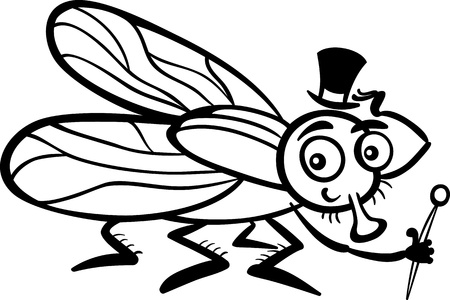 Black and White Cartoon Illustration of Funny Fly or Housefly with Hat and Cane for Coloring Bookのイラスト素材